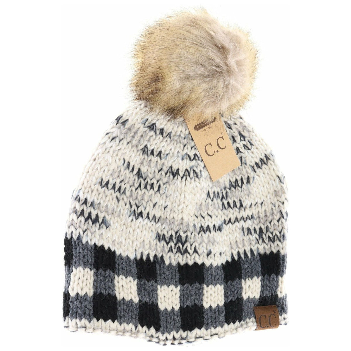 Buffalo Check Mixed Print Fur Pom C.C Beanie HAT2083