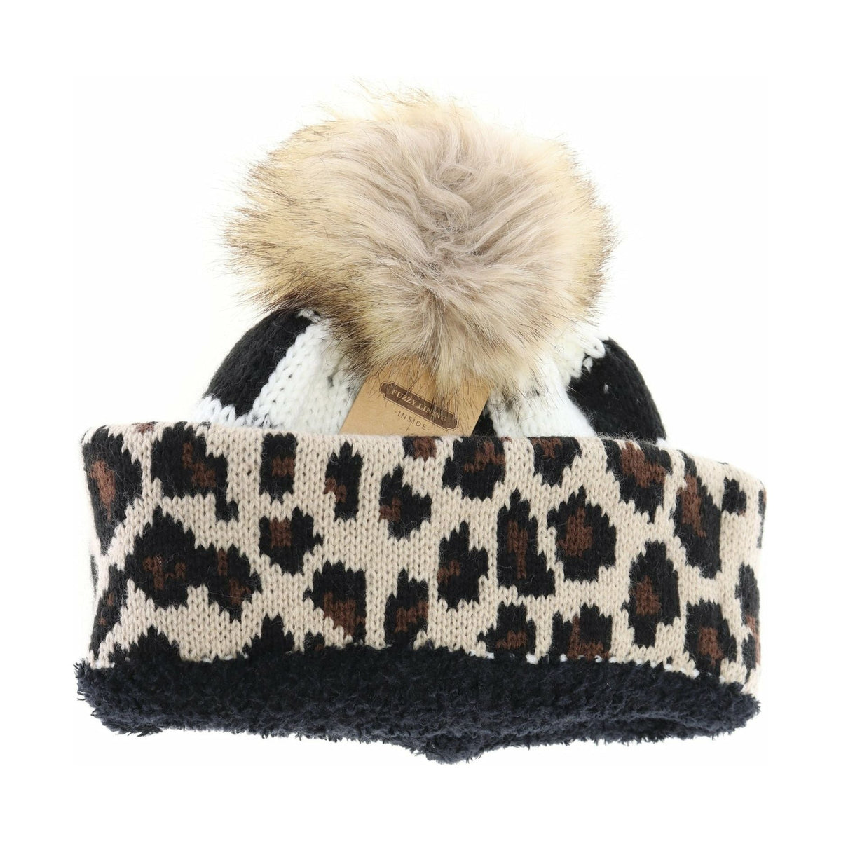 Leopard/Buffalo Mixed Print Fur Pom C.C Beanie HAT2084