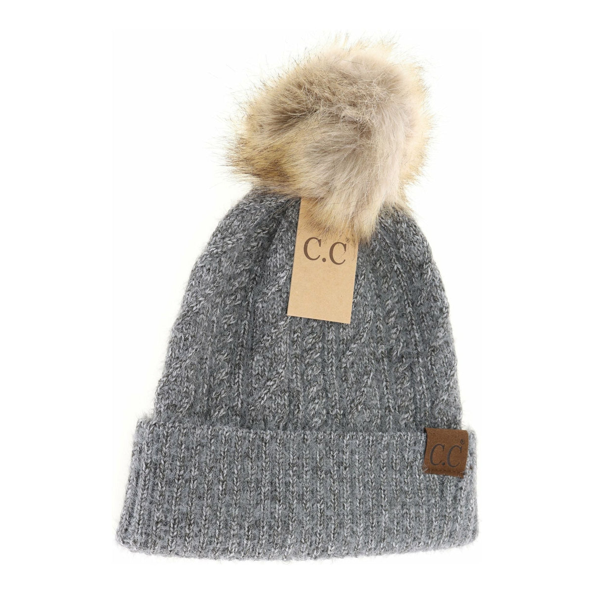 Soft Cuff Cable Knit Fur Pom C.C Beanie HAT2087