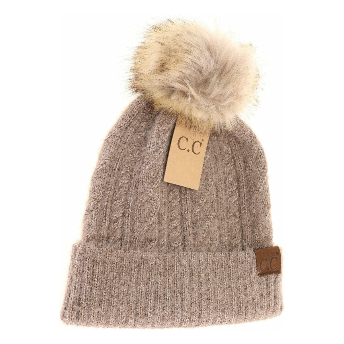 Soft Cuff Cable Knit Fur Pom C.C Beanie HAT2087