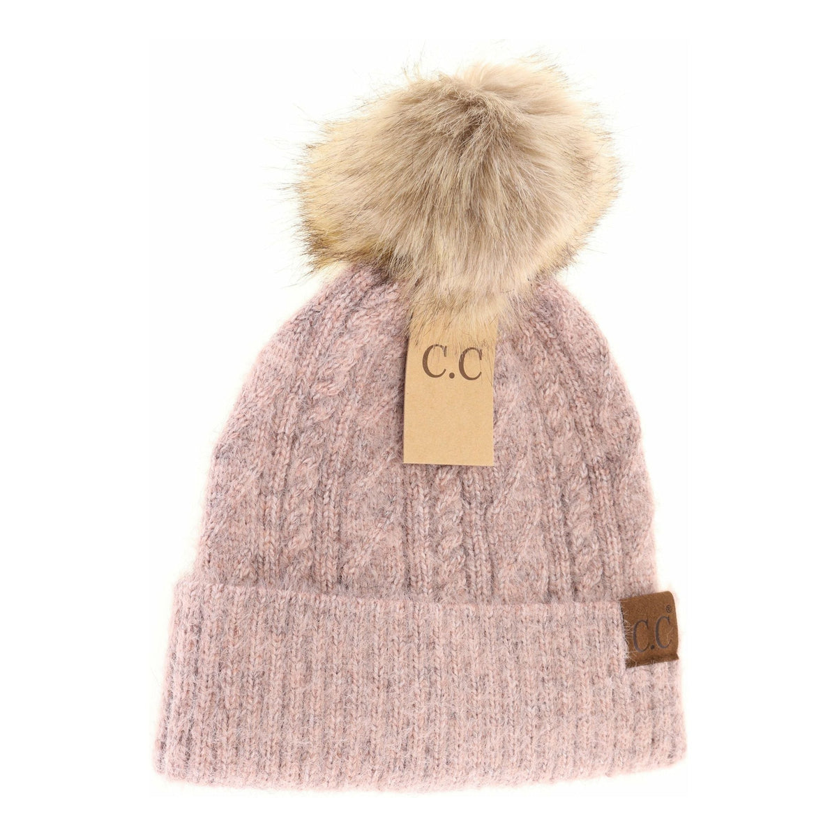 Soft Cuff Cable Knit Fur Pom C.C Beanie HAT2087