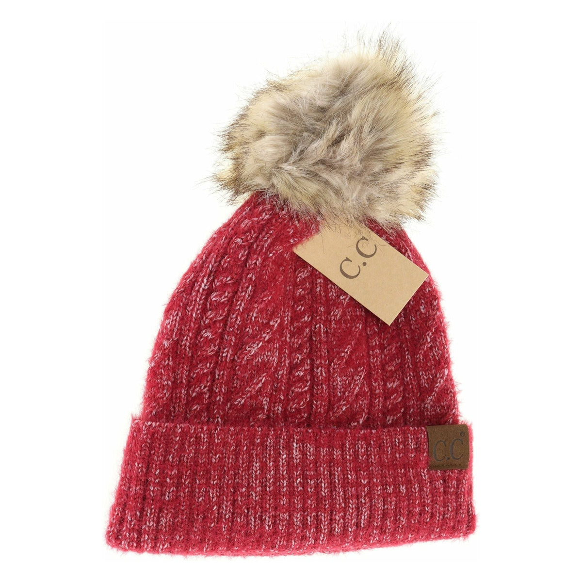 Soft Cuff Cable Knit Fur Pom C.C Beanie HAT2087