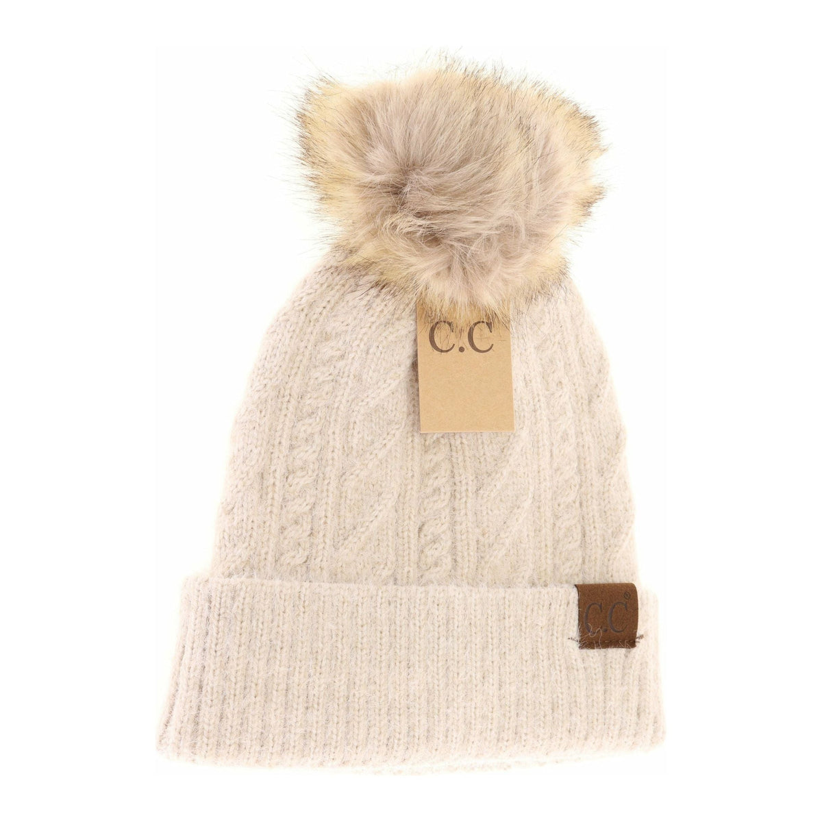 Soft Cuff Cable Knit Fur Pom C.C Beanie HAT2087