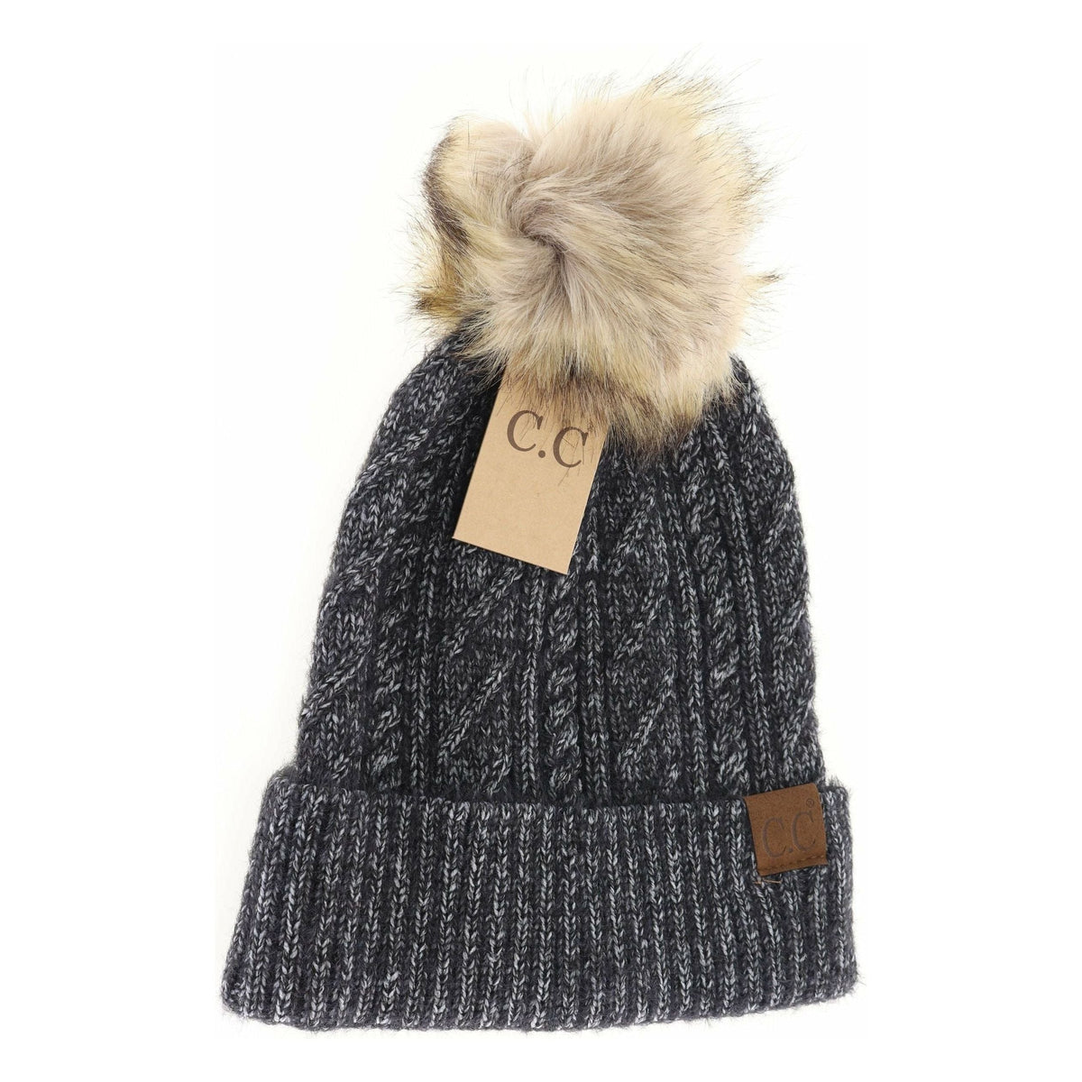 Soft Cuff Cable Knit Fur Pom C.C Beanie HAT2087