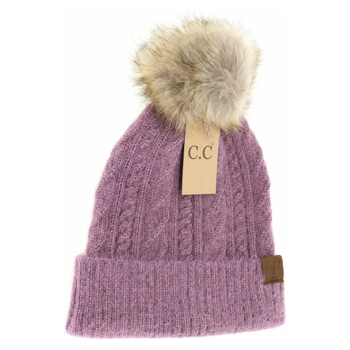 Soft Cuff Cable Knit Fur Pom C.C Beanie HAT2087