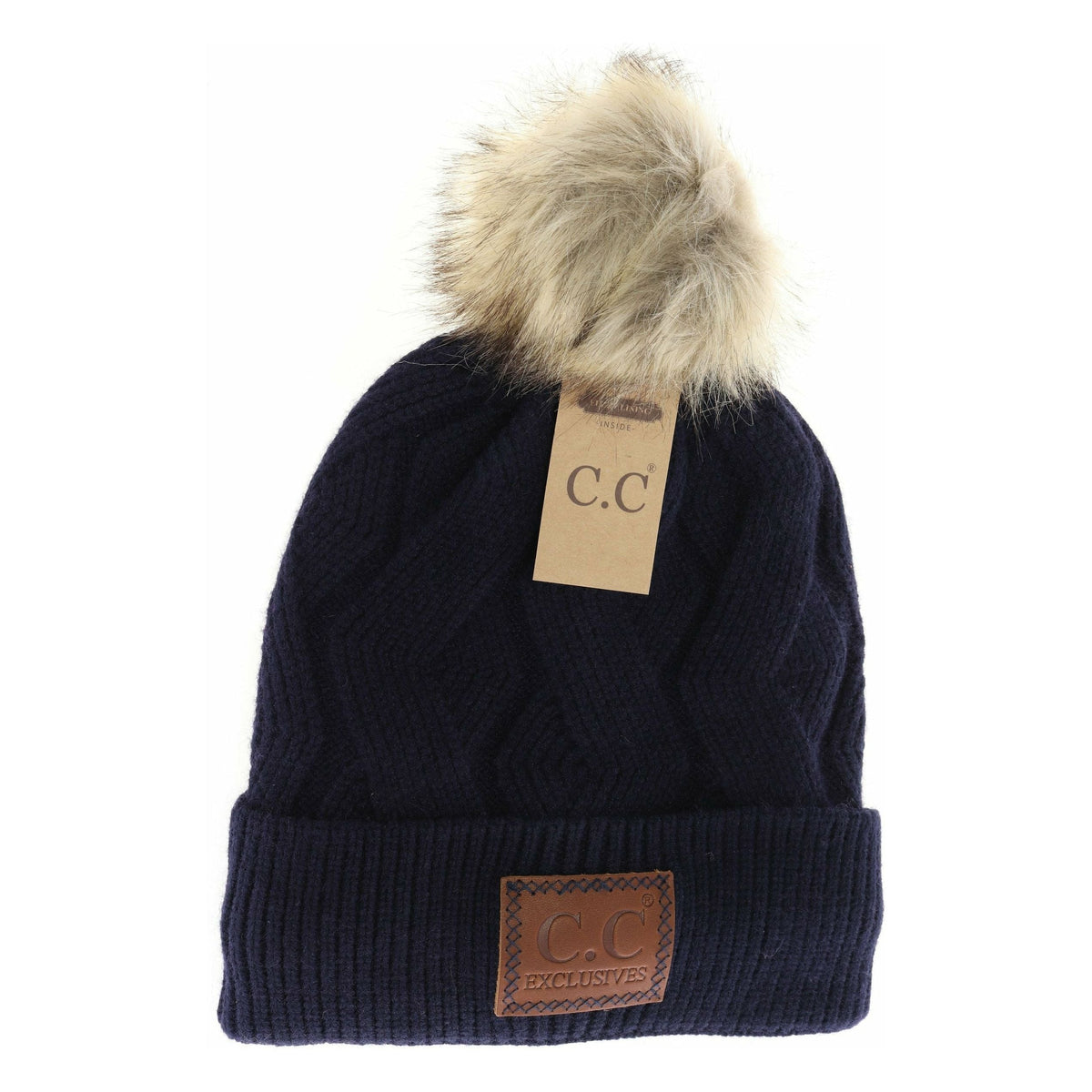 Geometric Knit Faux Fur Pom Beanie HAT2298