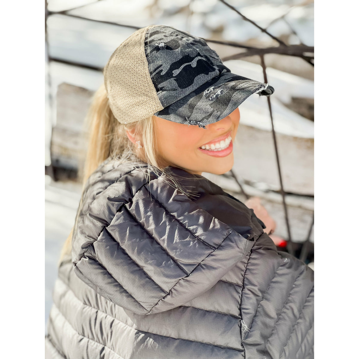 Washed Camouflage Stretch Mesh High Pony CC Ball Cap BT787