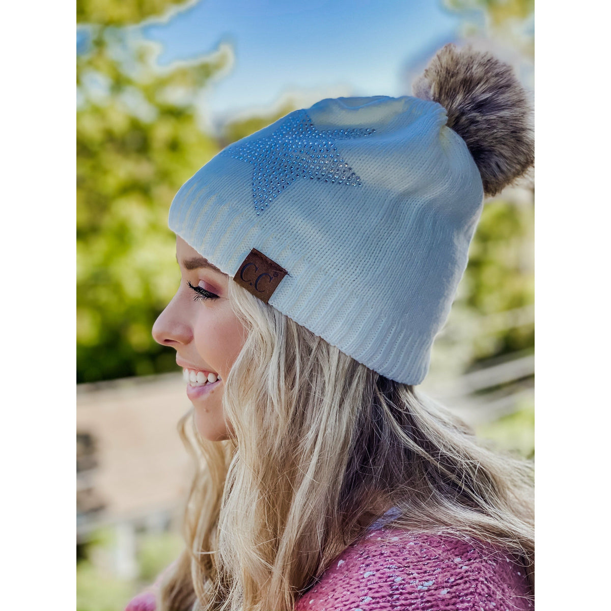 Rhinestone Star Fur Pom CC Beanie HAT501