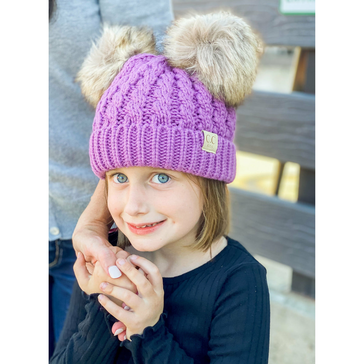 KIDS Cable Knit Double Fur Pom Beanie KIDS2055