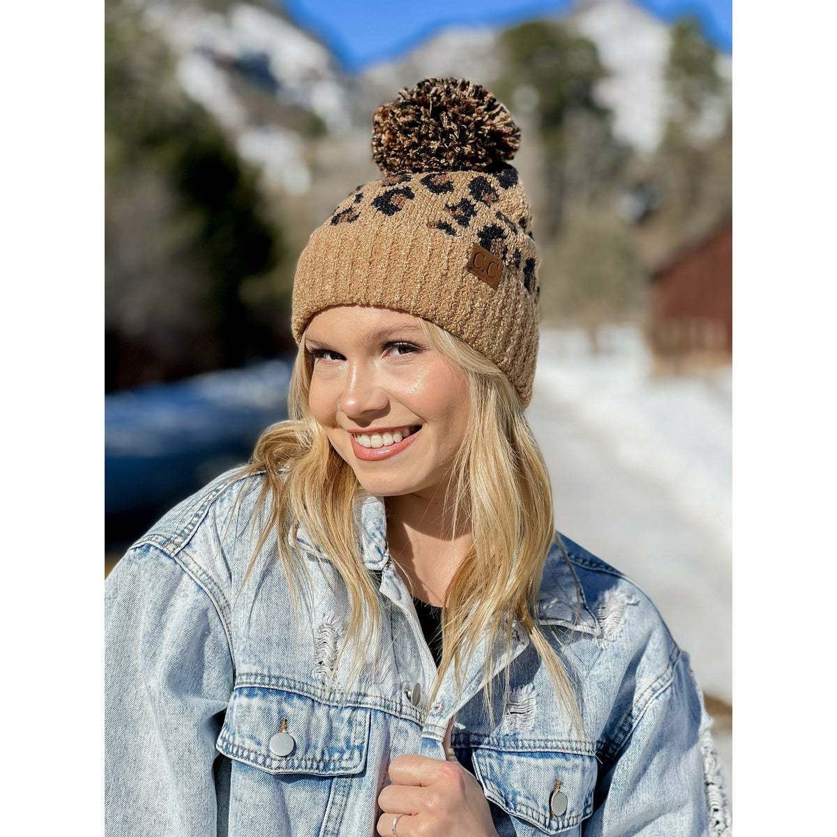 Leopard Boucle Knit POM CC Beanie HAT7001