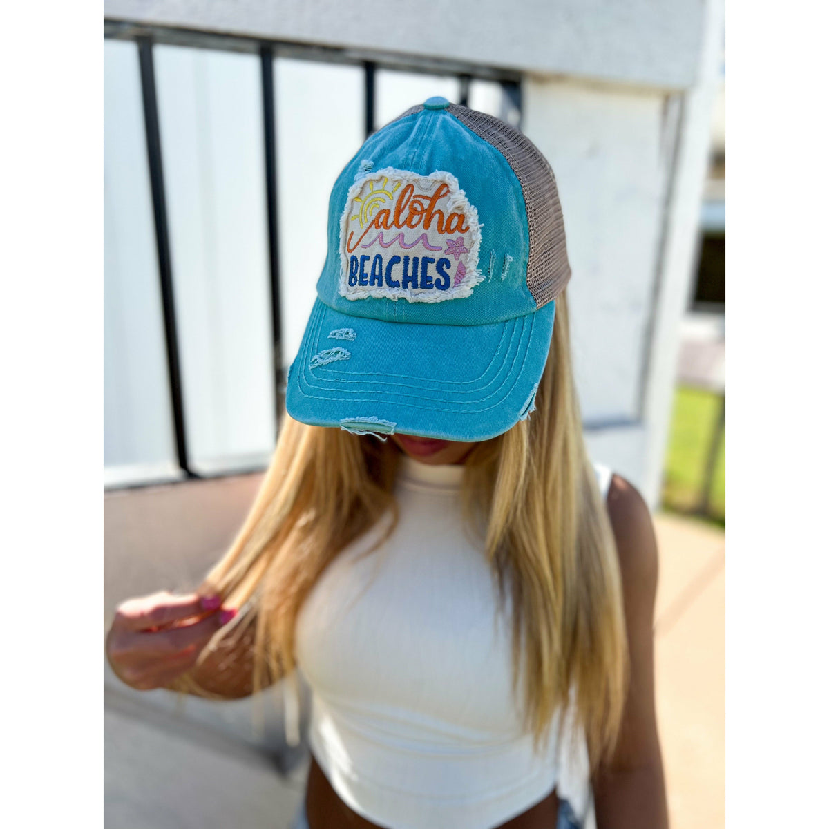 Embroidered Aloha Beaches Patch C.C High Pony Criss Cross Ball Cap BT1000