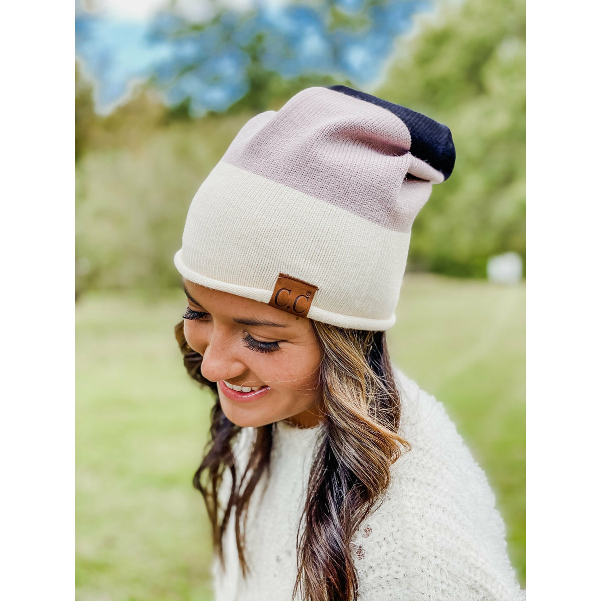 Colorblock Rolled Cuff Slouchy CC Beanie HAT7005