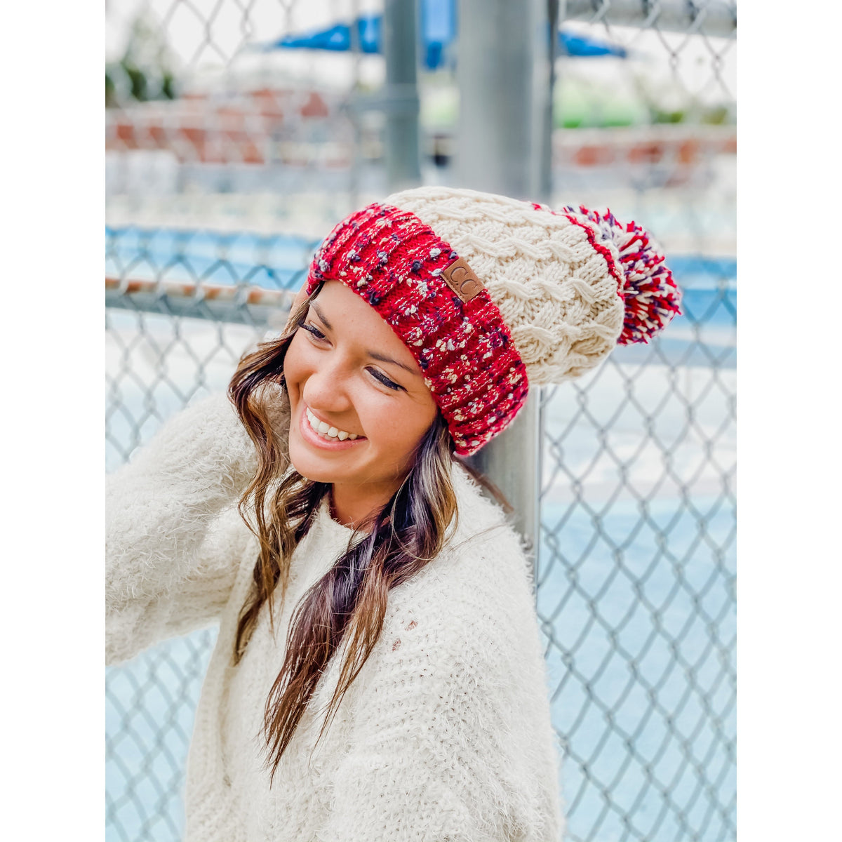 Lined Tri-Color Flecked Pom CC Beanie HAT2341