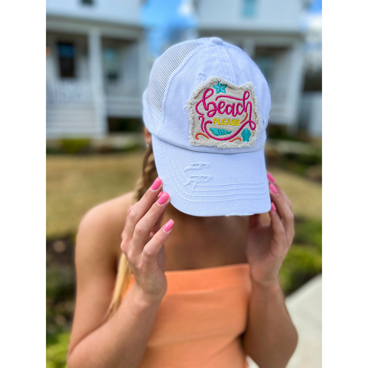 Embroidered Beach Please Patch C.C High Pony Criss Cross Ball Cap BT1005