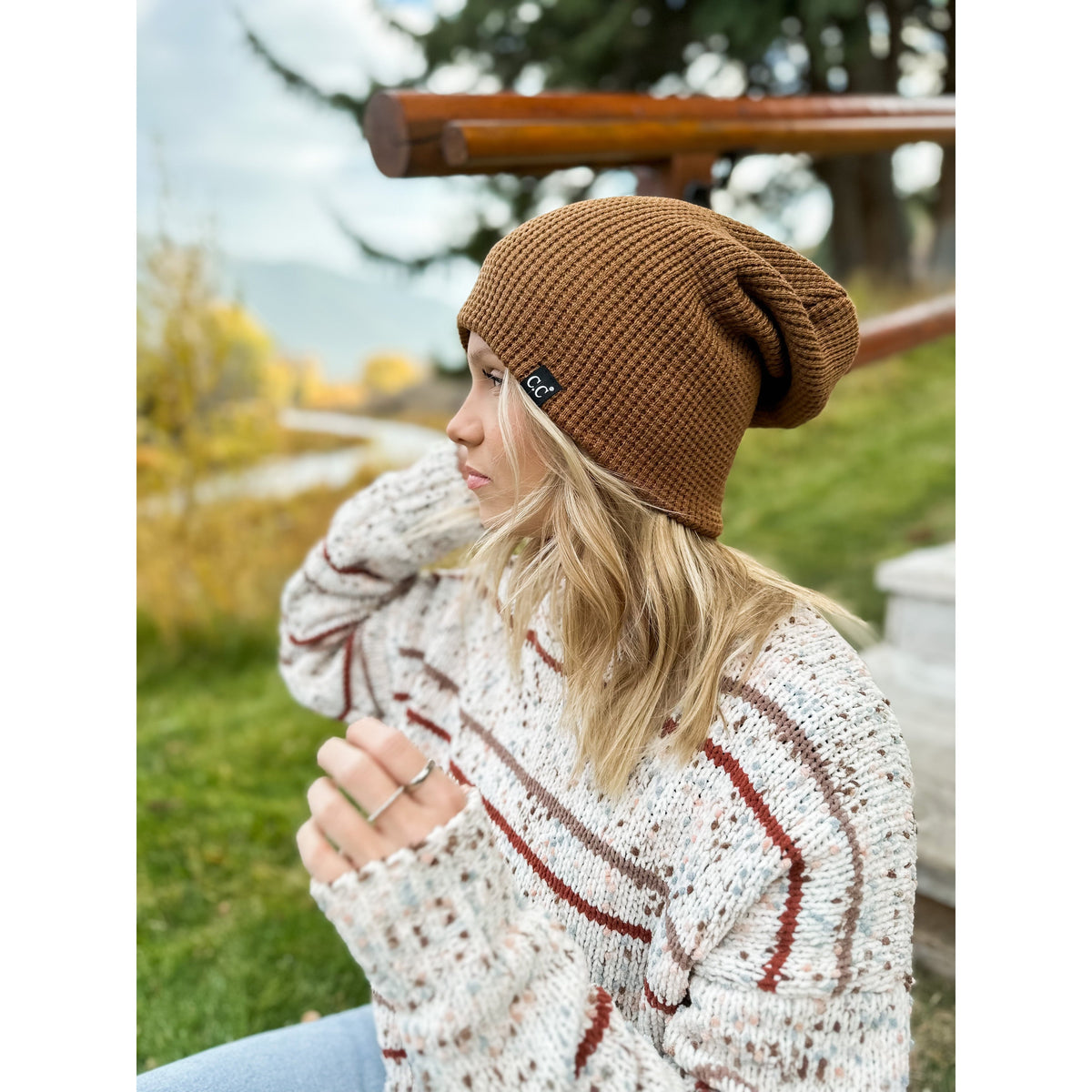 Unisex Waffle Knit Cuffed/Slouchy C.C. Beanie HTM4022