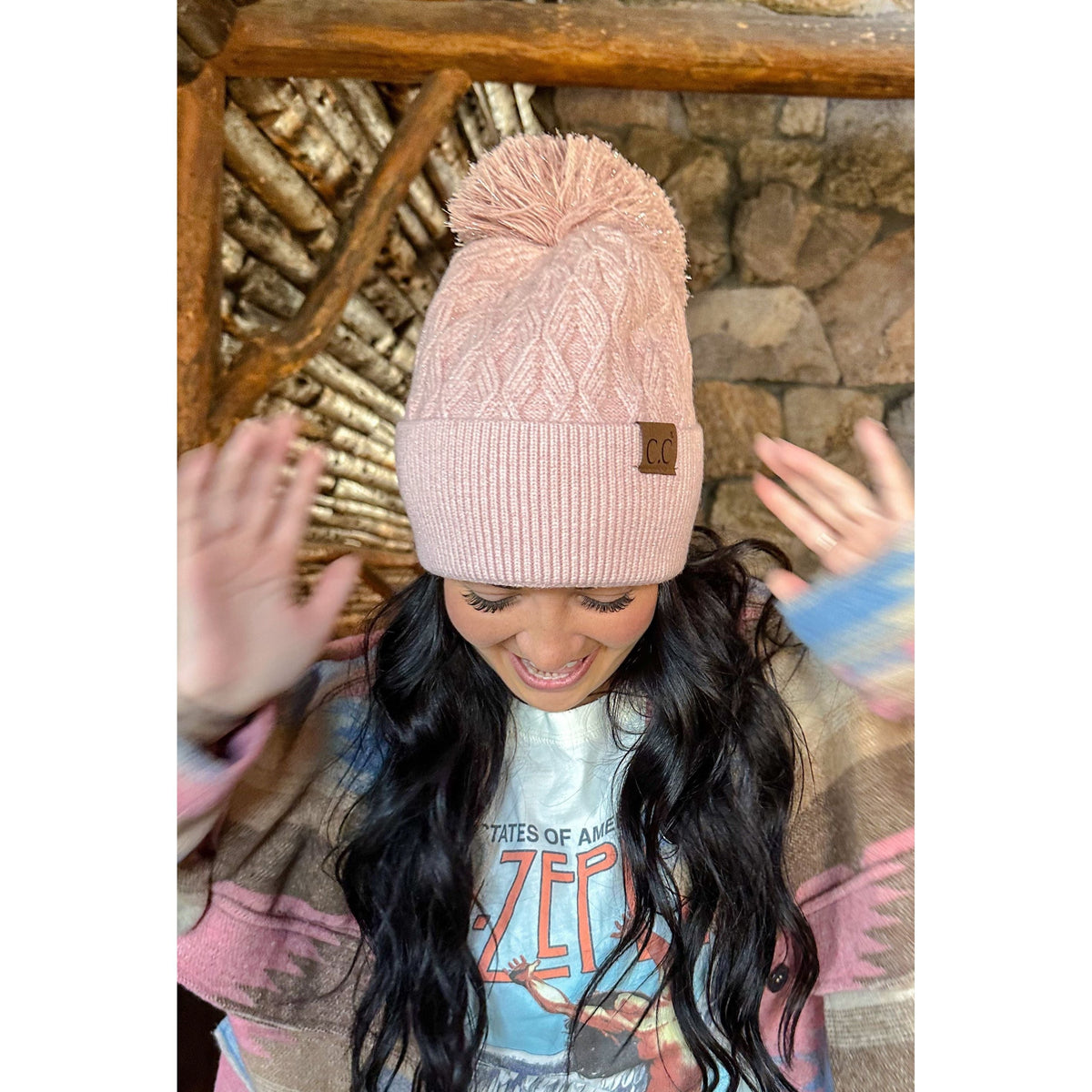 Lurex Cable Knit Pom C.C Beanie HTE0019