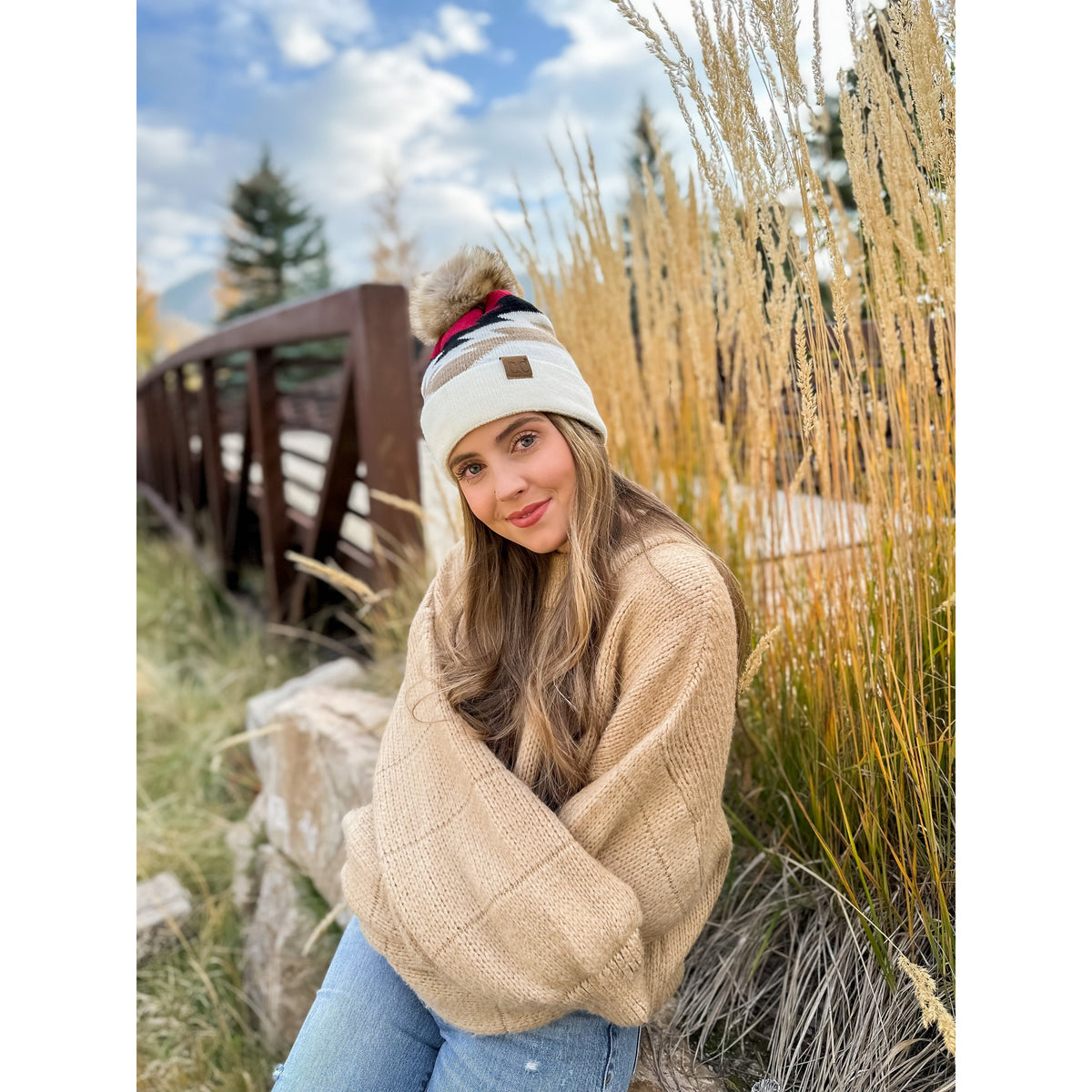 Aztec Natural Faux Fur Pom C.C Beanie YJ1000