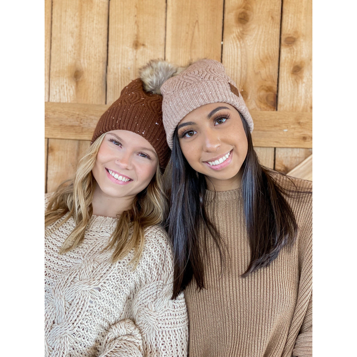Sequin Brioche Cable Knit Fur Pom C.C Beanie HAT2073