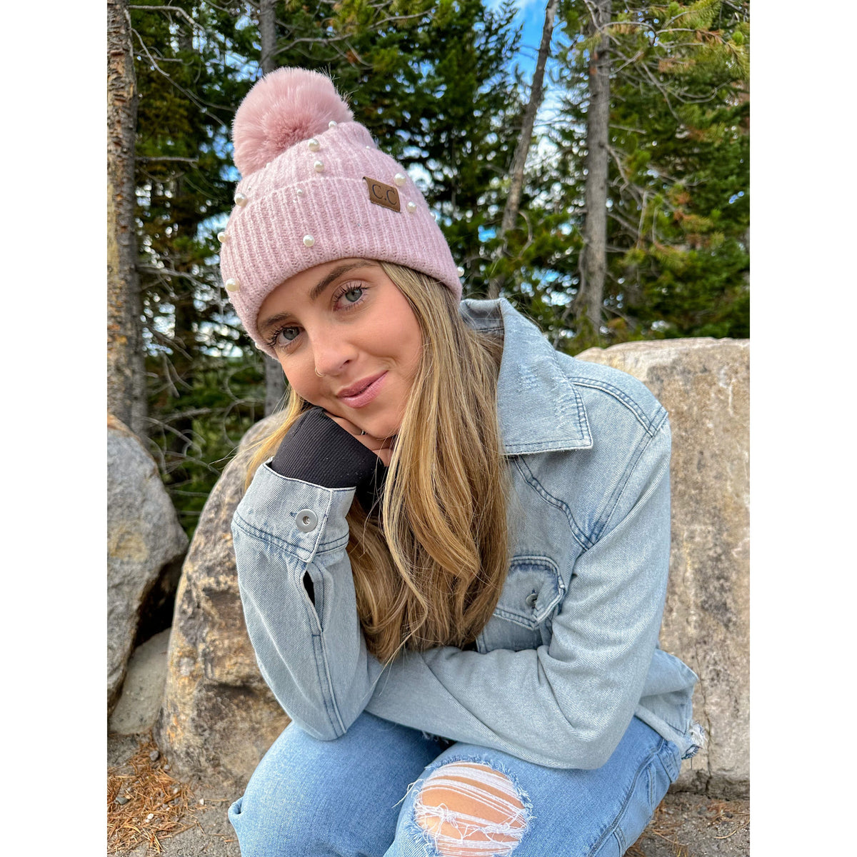 Pearl Embellished Faux Fur Pom C.C Beanie HAT4008