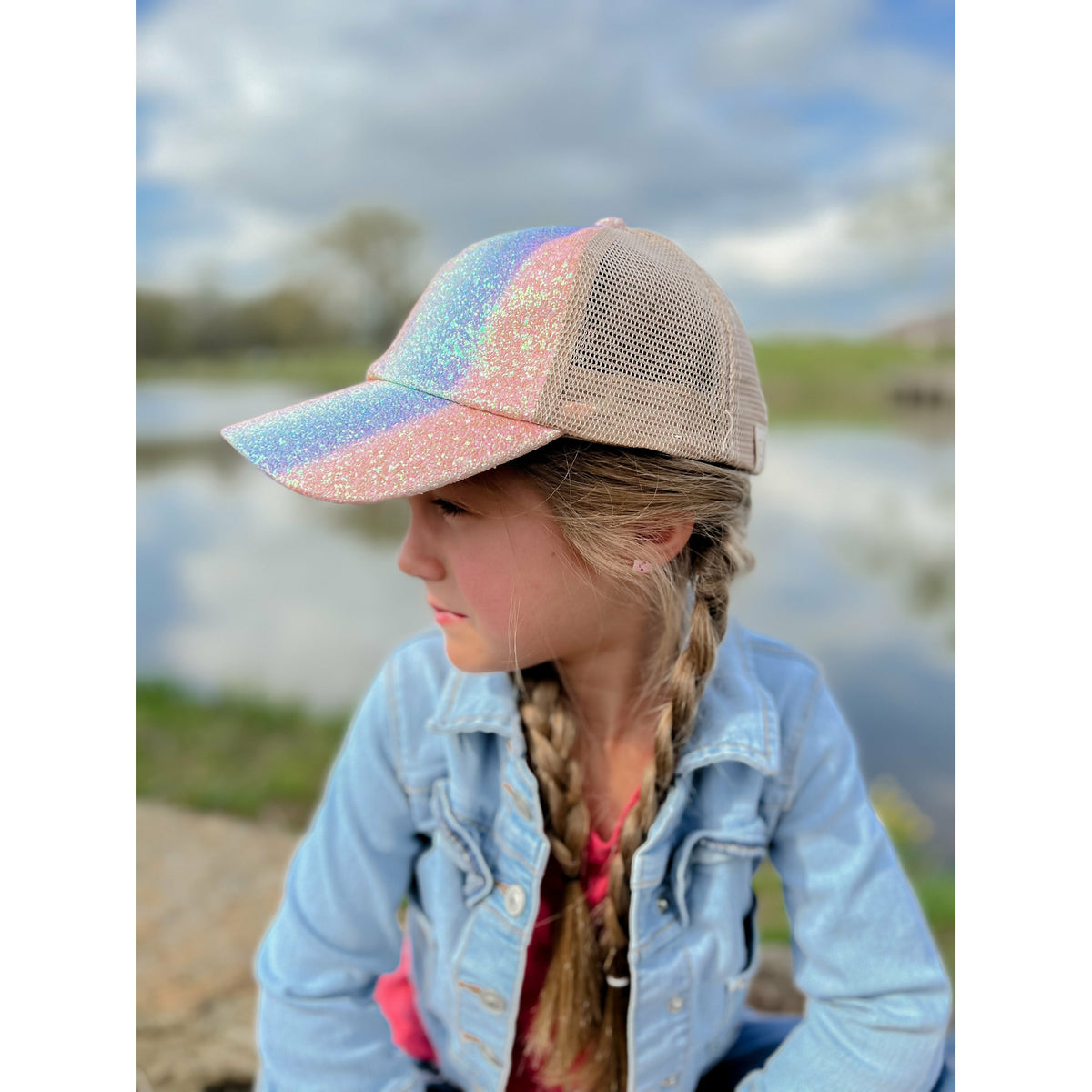 KIDS Glitter Ombre Criss-Cross High Ponytail CC Ball Cap KIDSBT931
