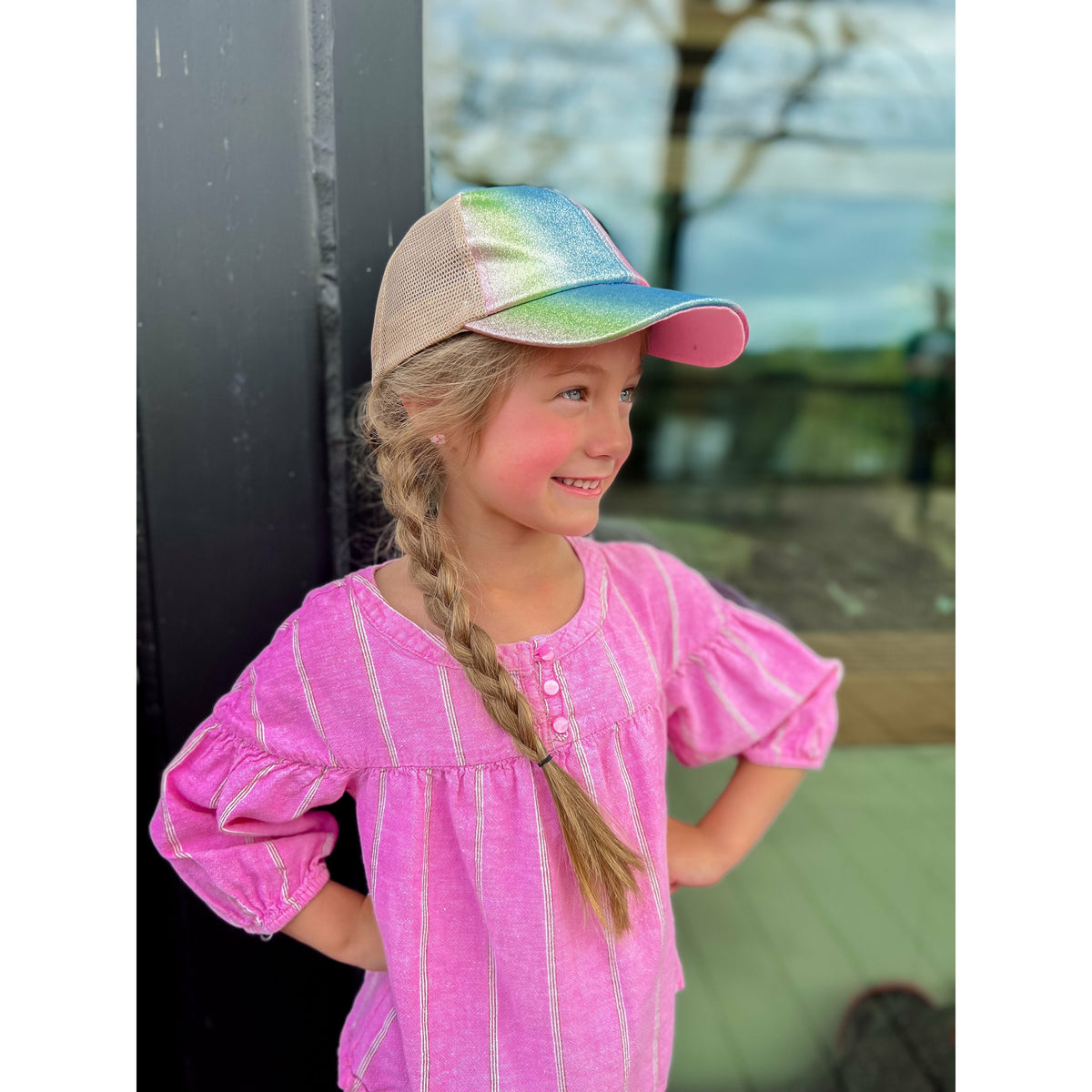 KIDS Shimmer Glitter Ombre Criss-Cross High Ponytail CC Ball Cap KIDSBT932