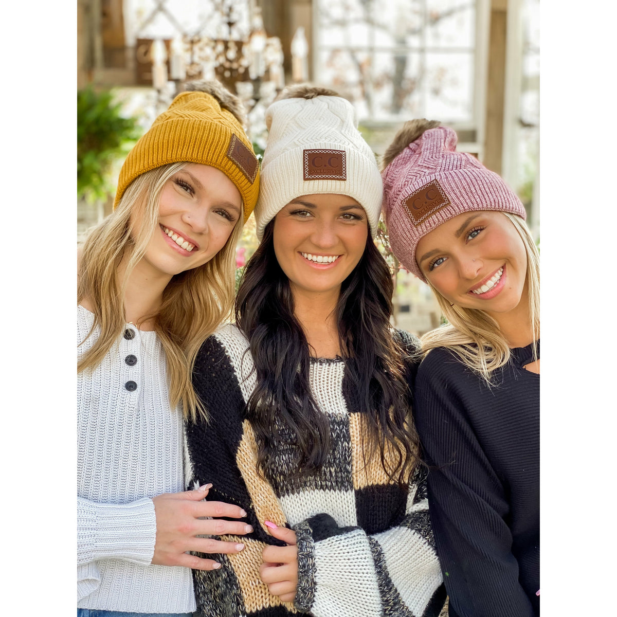 Geometric Knit Faux Fur Pom Beanie HAT2298