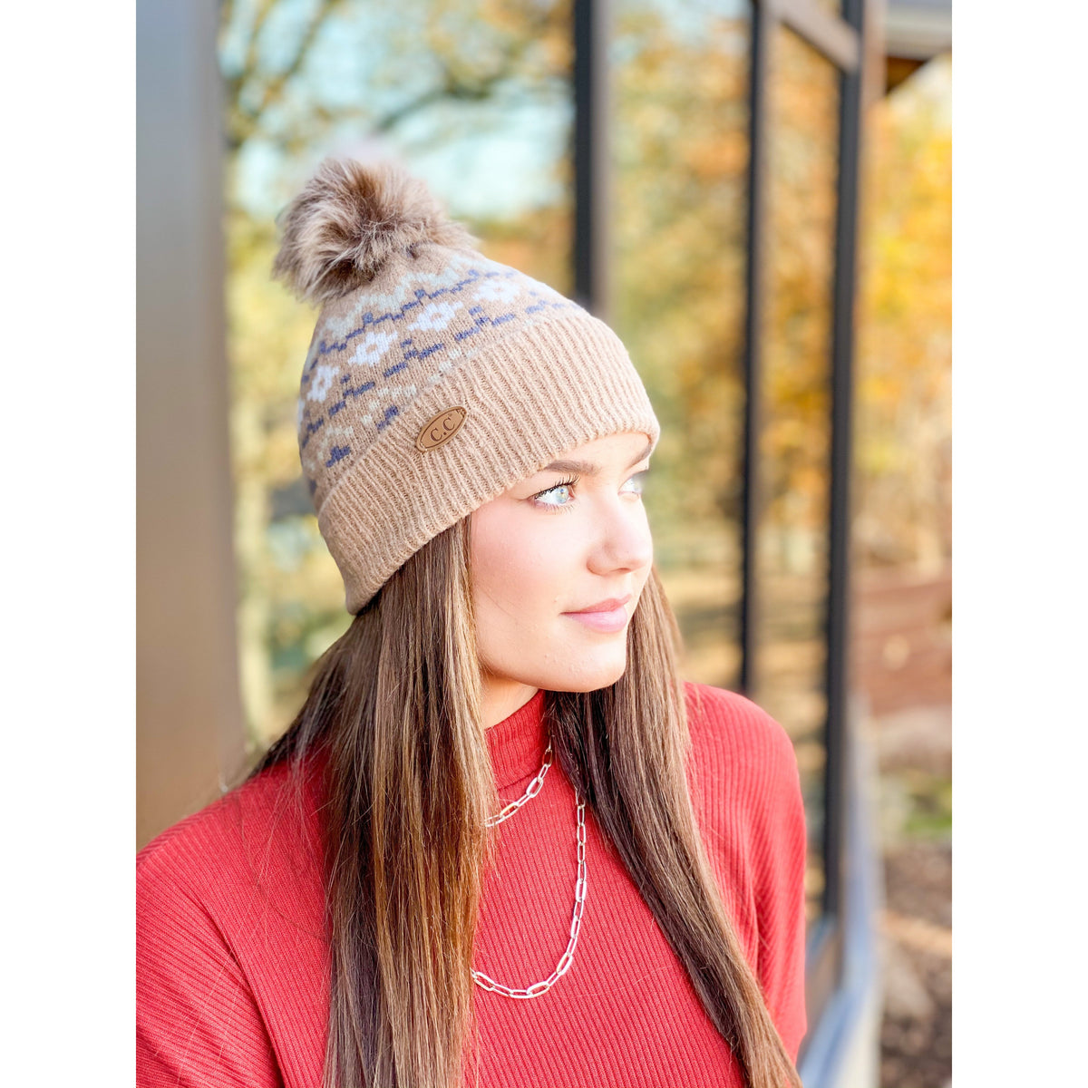 Geometric Pattern Fur Pom CC Beanie HAT7011