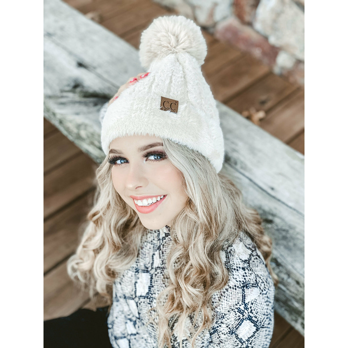 Cable Knit Faux Fur Pom and Cuff Beanie HAT3626