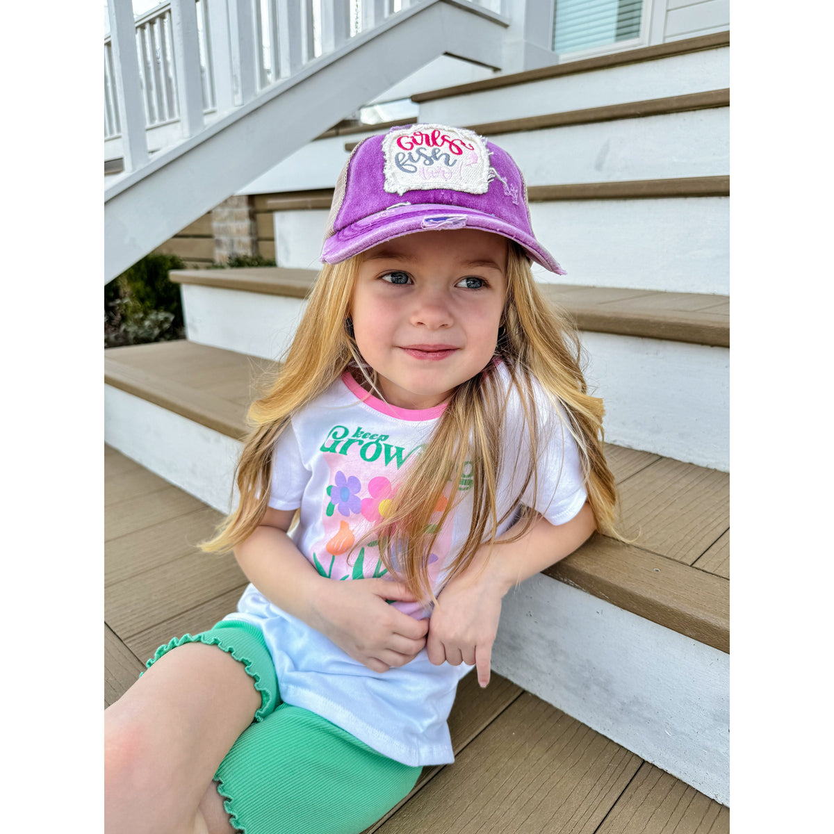 KIDS Embroidered Girls Fish Too! Patch Criss Cross High Pony C.C Ball Cap KIDSBT1020