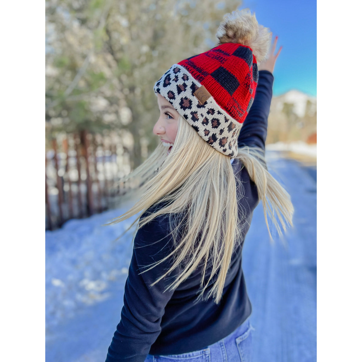 Leopard/Buffalo Mixed Print Fur Pom C.C Beanie HAT2084