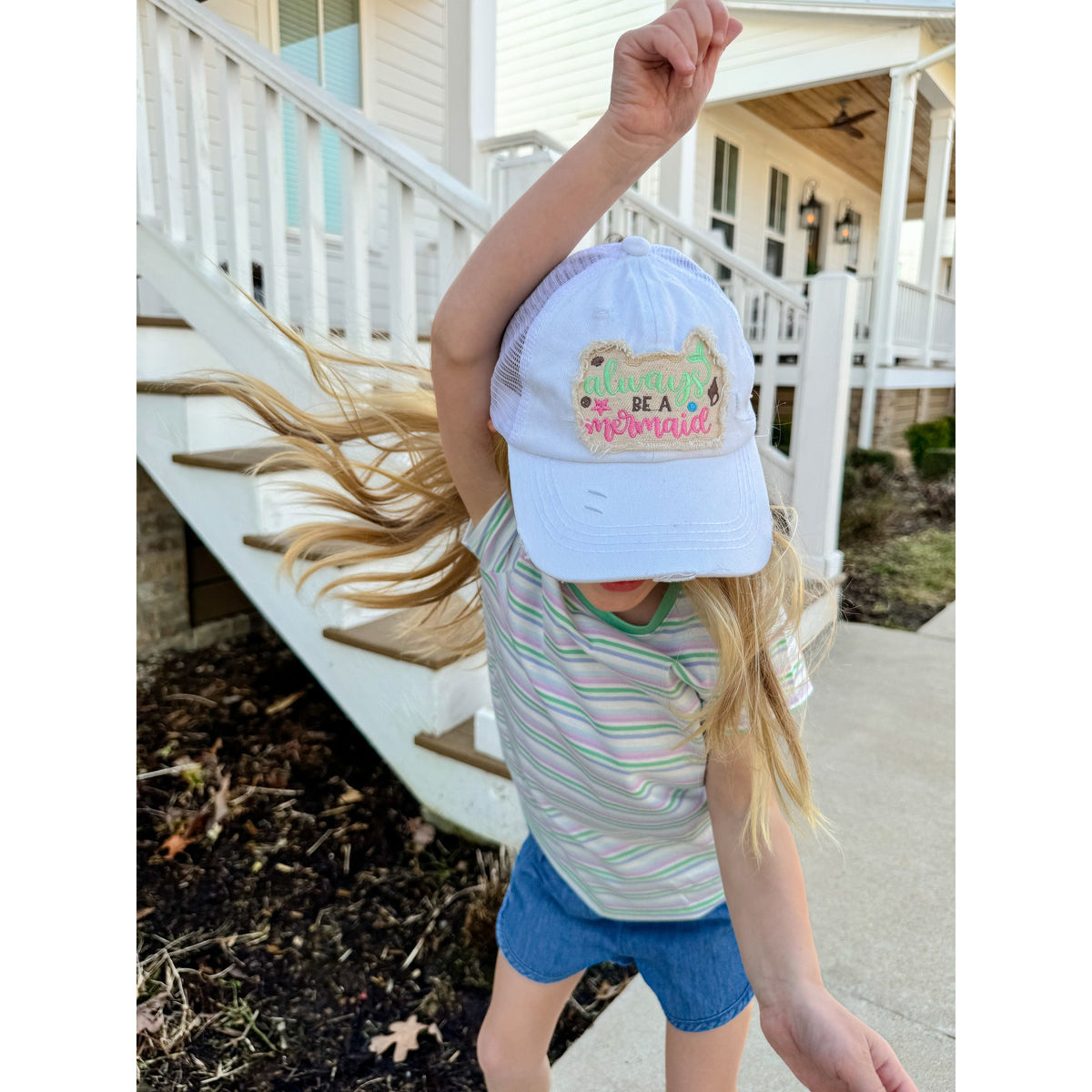 KIDS Embroidered Always Be A Mermaid Patch Criss Cross High Pony C.C Ball Cap KIDSBT1019