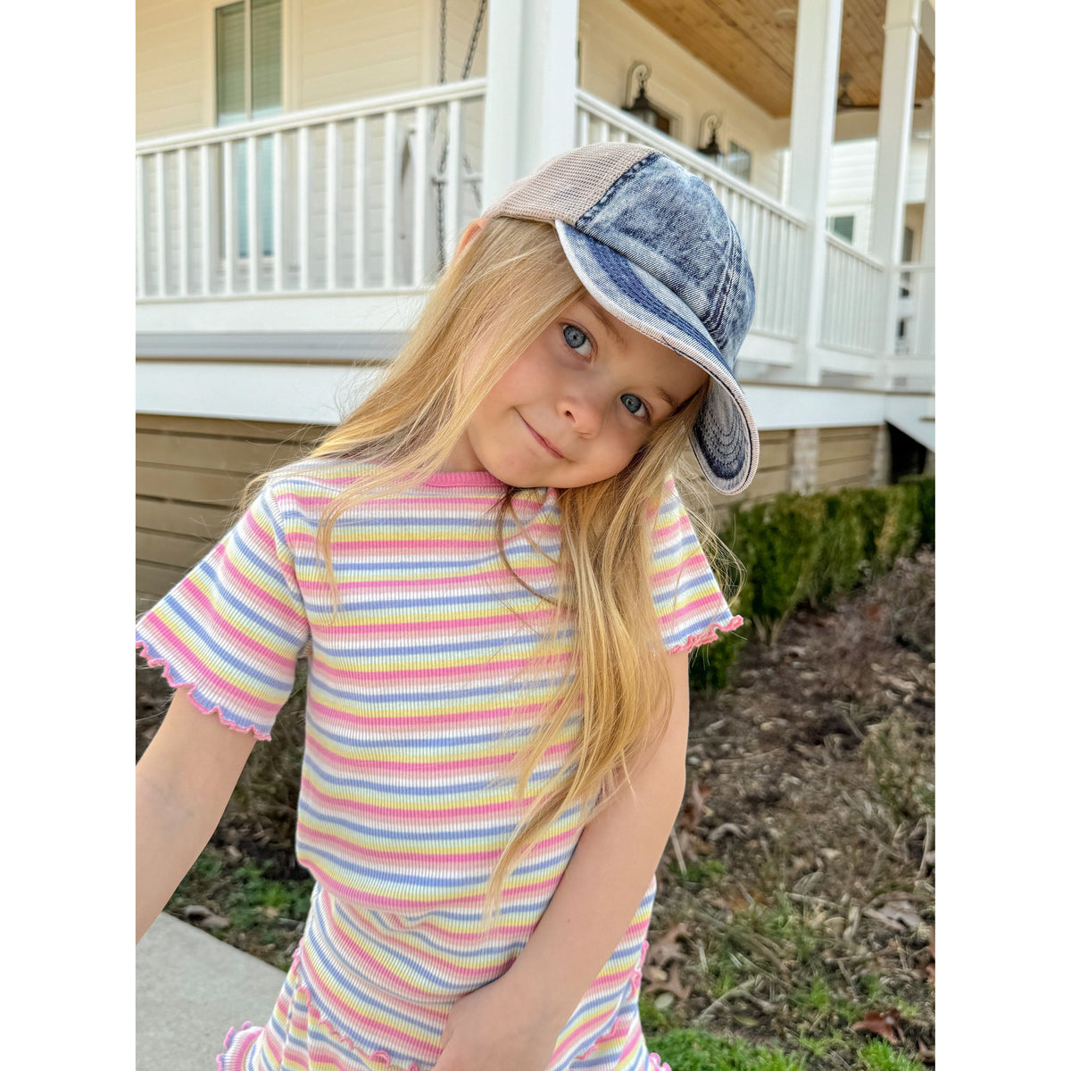 KIDS Stone Washed Denim Criss Cross High Pony C.C Ball Cap KIDSBT1009