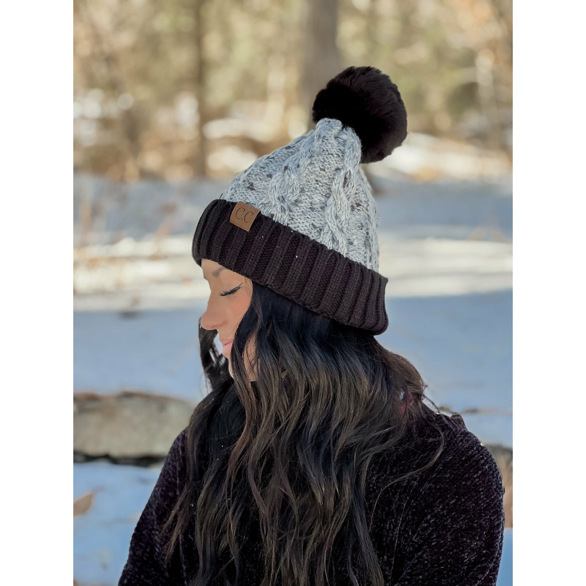 Confetti Cable Knit Faux Fur Pom Beanie HAT3621