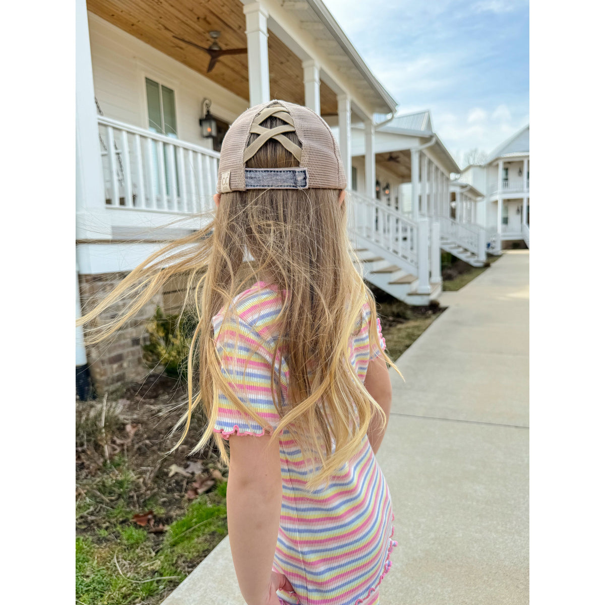 KIDS Stone Washed Denim Criss Cross High Pony C.C Ball Cap KIDSBT1009