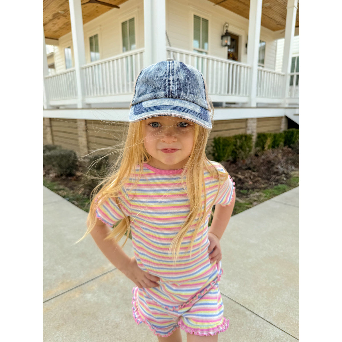 KIDS Stone Washed Denim Criss Cross High Pony C.C Ball Cap KIDSBT1009