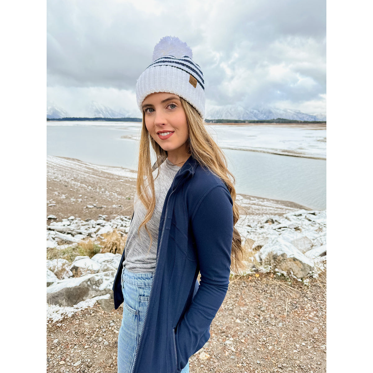 Knit Pom Striped C.C Beanie YJ1008