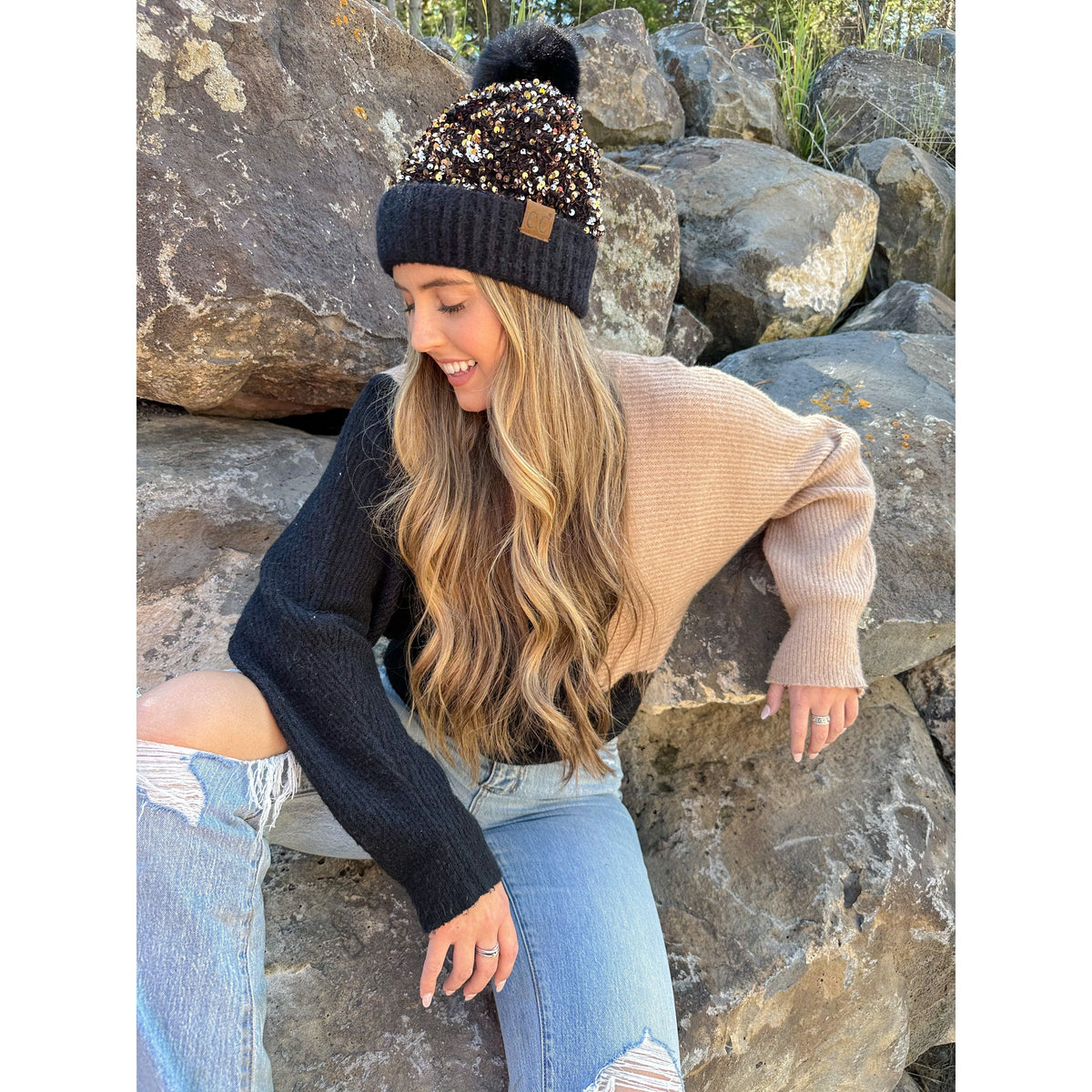 Cluster Sequin Faux Fur Pom C.C Beanie HTE0012