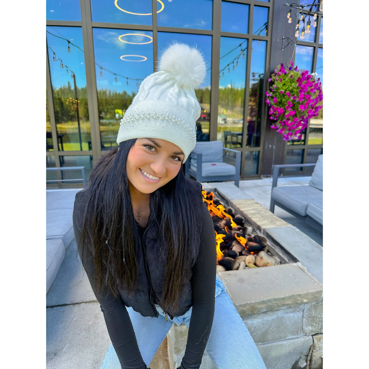 Pearl Embellished Cuff Faux Fur Pom C.C Beanie HTC0077