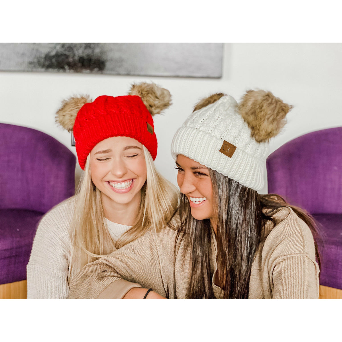 Cable Knit Double Pom Beanie HAT2055