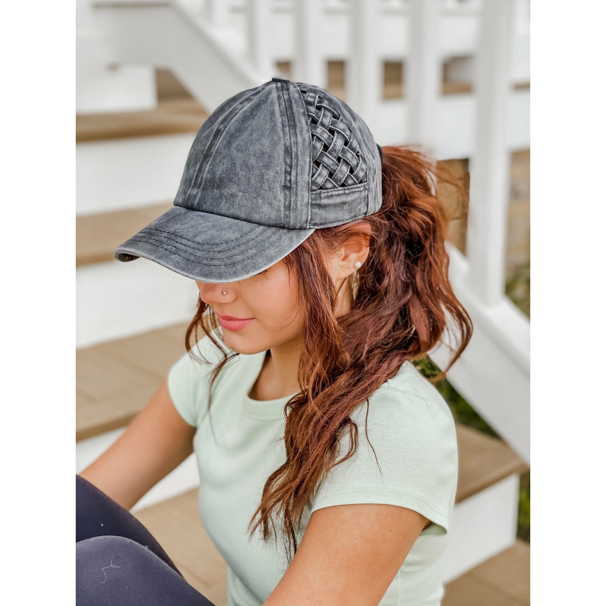 Basket Woven Criss-Cross High Ponytail CC Ball Cap BT922