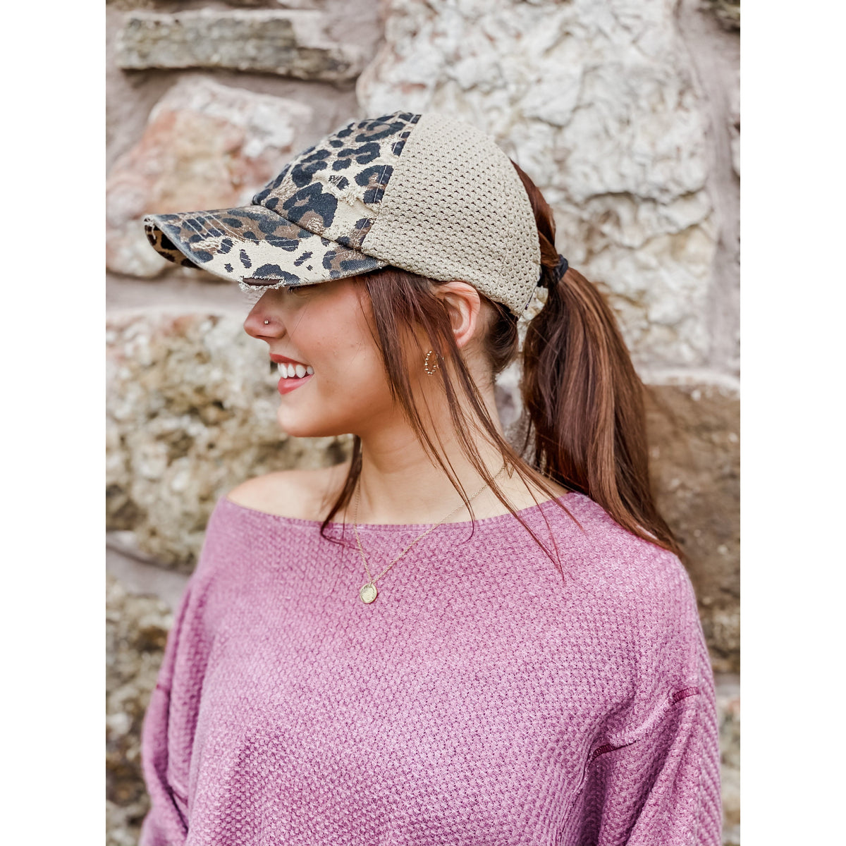 Leopard Distressed Stretch Mesh High Pony CC Ball Cap BT786