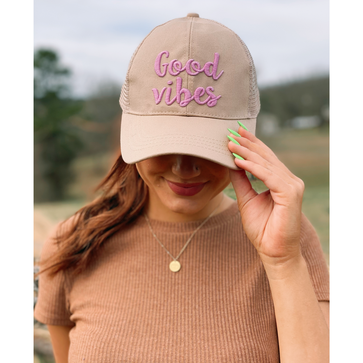 Good Vibes Embroidered Mesh Back High Ponytail CC Ball Cap BT10-GV