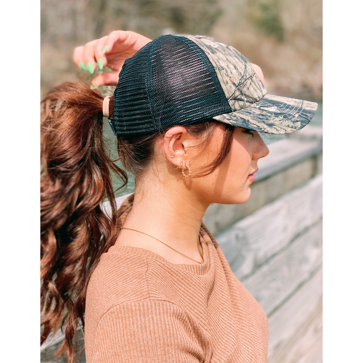 C.C MOSSY OAK™ Mini Break-Up Camouflage Criss Cross High Pony Ball Cap BT935