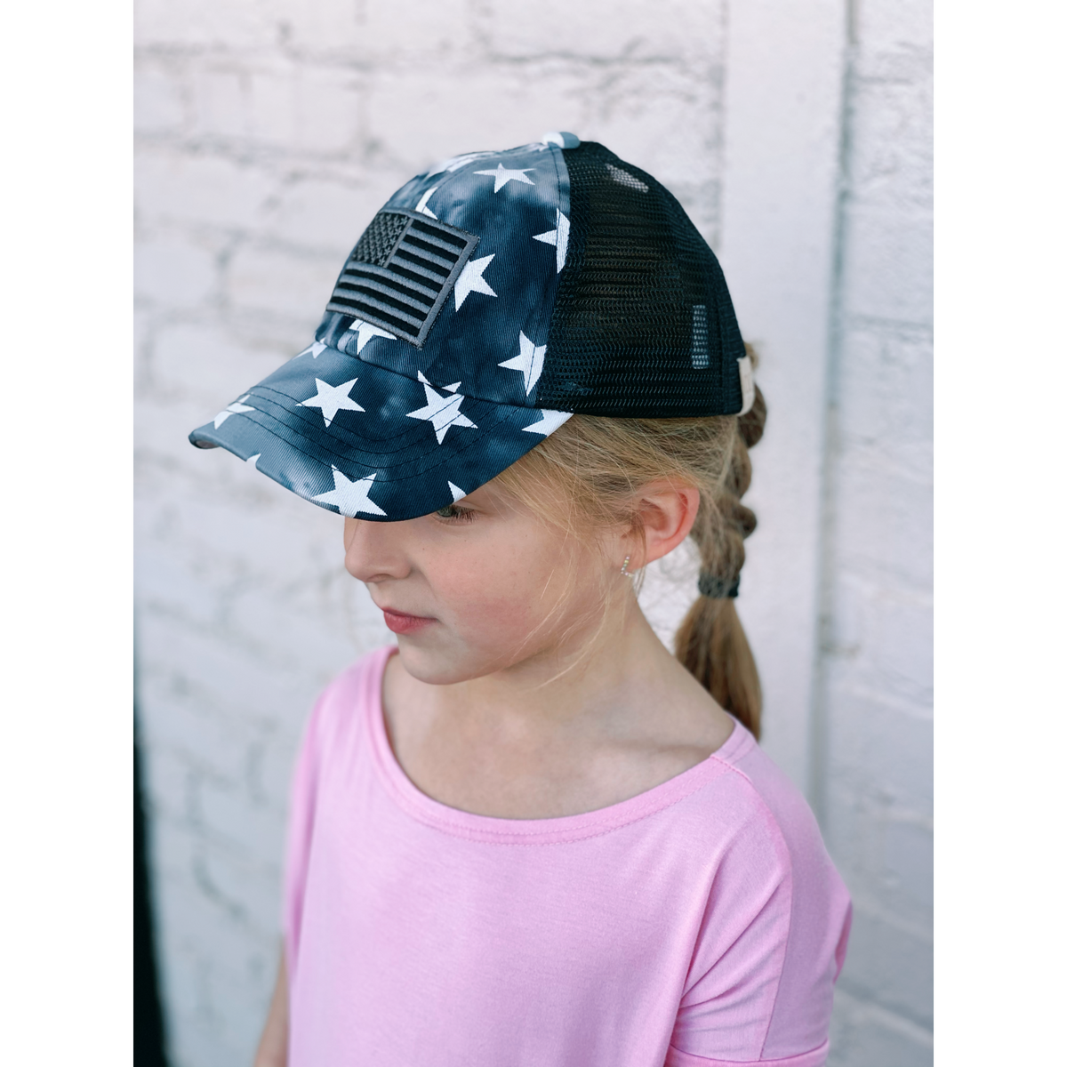 Kids Tie Dye Star Print with USA Flag Patch Criss Cross High Pony CC Ball Cap KIDSBT933