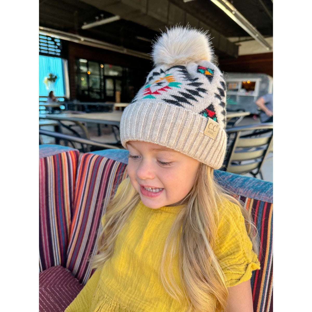 KIDS Aztec Patterned Faux Fur Pom C.C Beanie KIDS3001