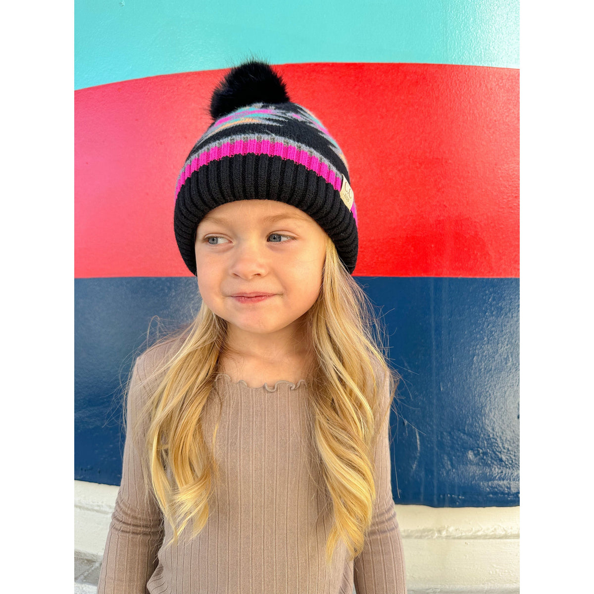 KIDS Southwestern Faux Fur Pom C.C Beanie KDHTE0030