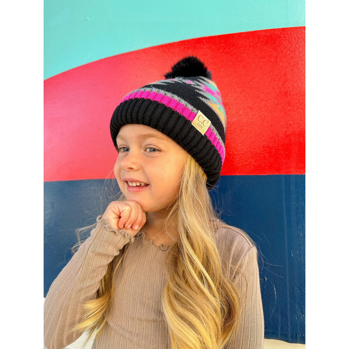 KIDS Southwestern Faux Fur Pom C.C Beanie KDHTE0030