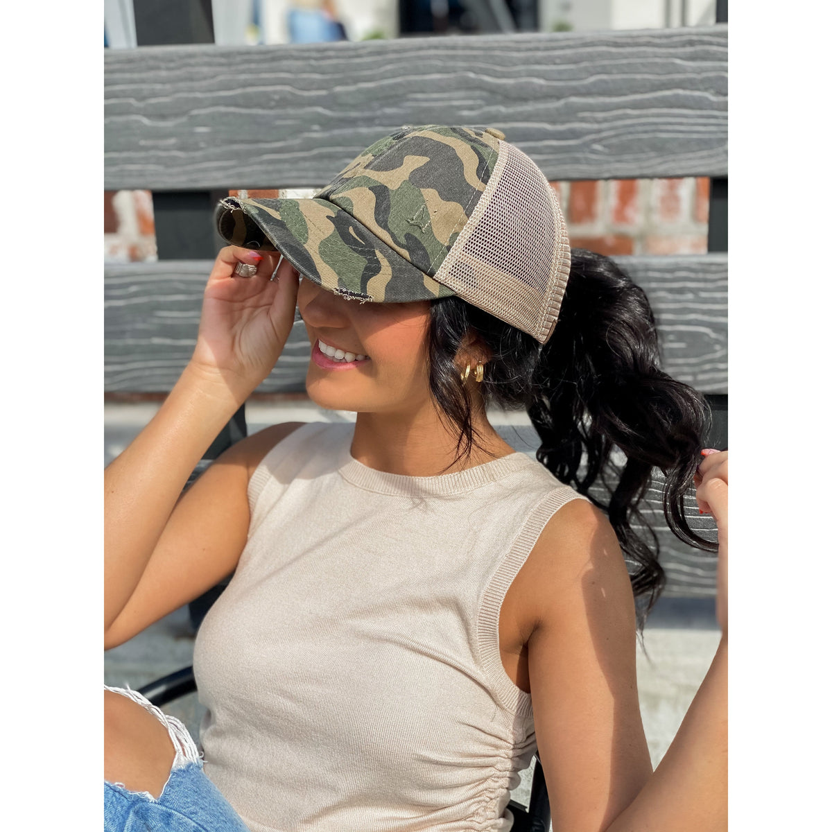 Distressed Camouflage Criss-Cross High Ponytail CC Ball Cap BT783