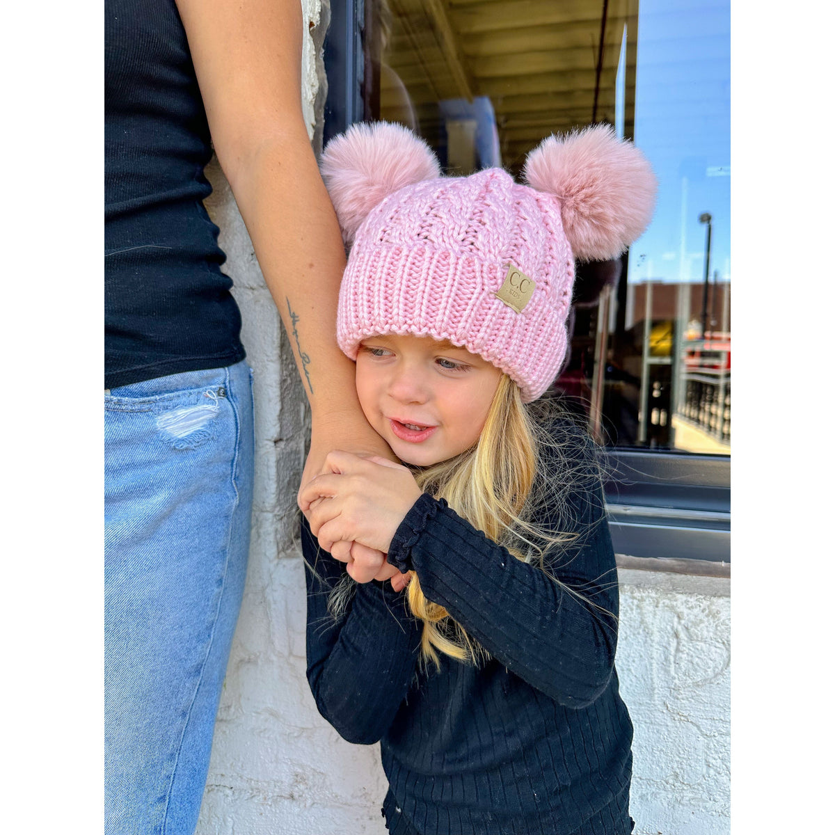 KIDS Cable Knit Double Matching Pom Beanie KIDS2055-S