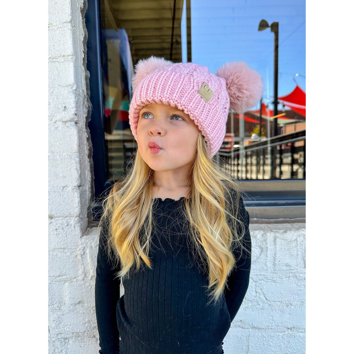 KIDS Cable Knit Double Matching Pom Beanie KIDS2055-S